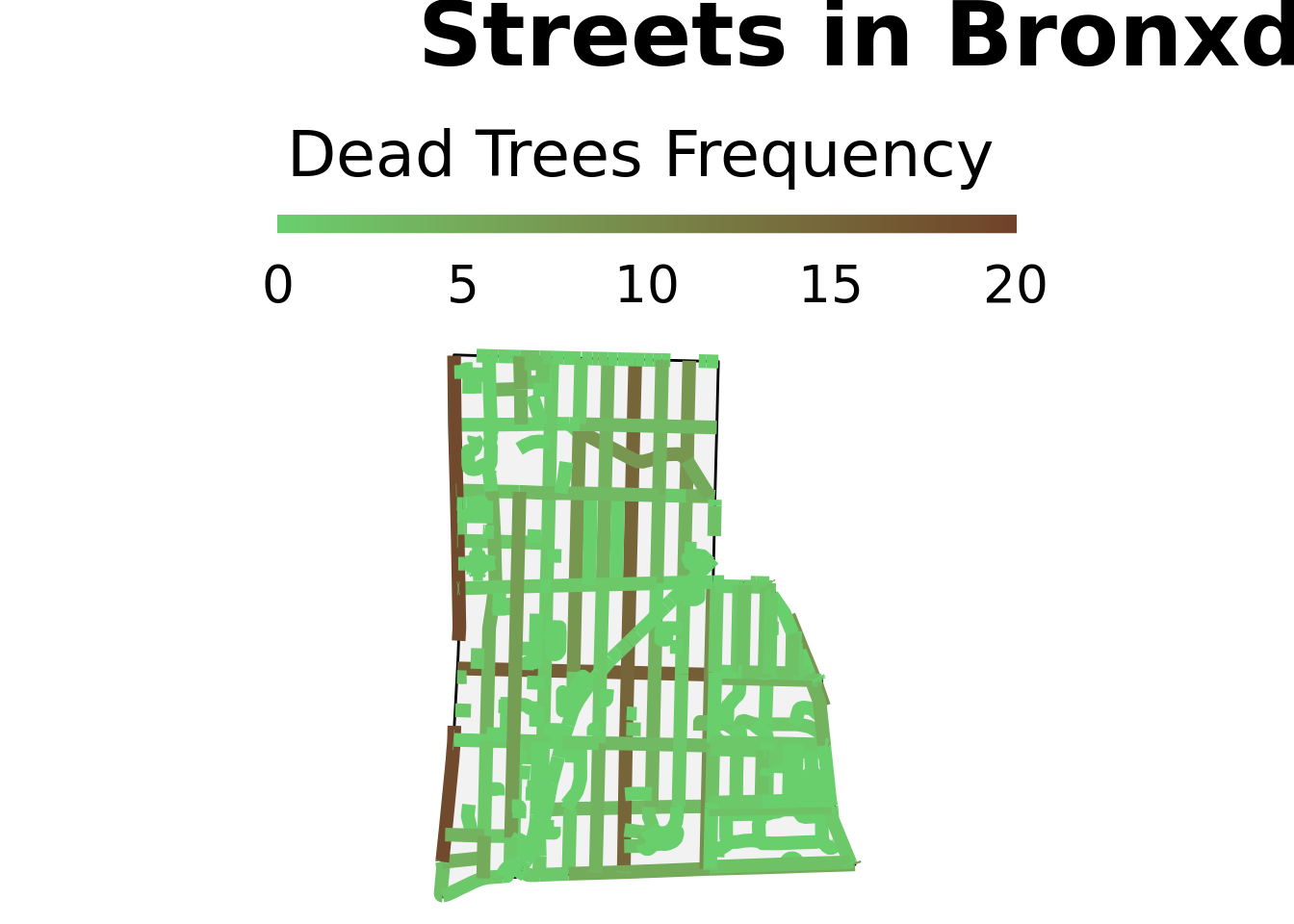 Streets in Bronxdale, Bronx, New York mapping dead street tree frequency. Bronx Park East the street with the most dead trees at 19 dead trees.